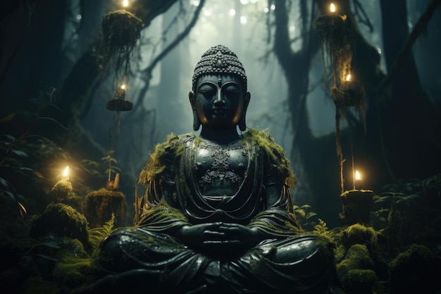 Een Boeddha standbeeld is in een bos met de woorden Boeddha in de voorkant generatieve IA