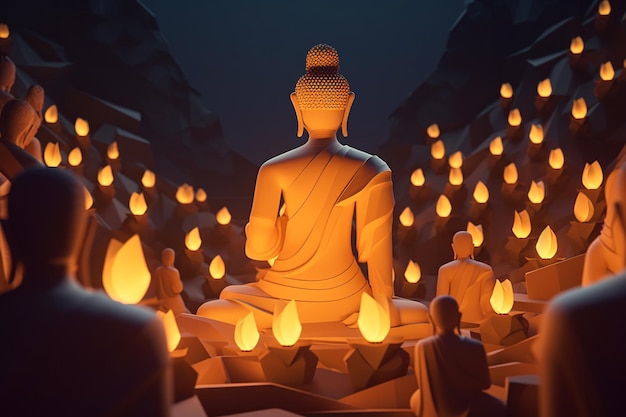 Een boeddhabeeld omringd door een verlicht boeddhabeeld.