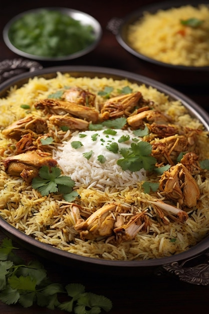 Foto een boeiend 4k-beeld met een stoomend bord chicken biryani