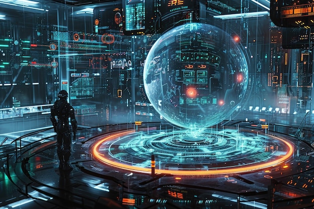 Een boeiend beeld van een futuristische sciencefictionscène met geavanceerde technologie en een boeiende verkenning van de uitgestrektheid van de ruimte. Een futuristische visie op bankieren. AI gegenereerd