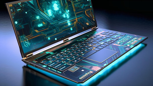 Een boeiend beeld van een gestroomlijnde gaming-laptop tegen een achtergrond van een digitale printplaat met meeslepende holografische effecten