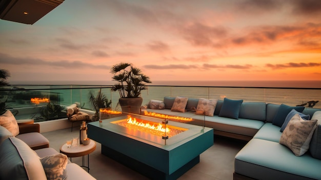 Een boeiend beeld van een vredig dakterras in een luxe penthouse aan de oceaan dat een rustig toevluchtsoord biedt voor ontspanning