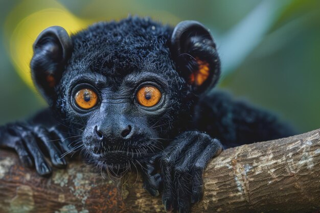 Een boeiend close-up portret van een zwarte lemur met opvallende oranje ogen in zijn natuurlijke habitat