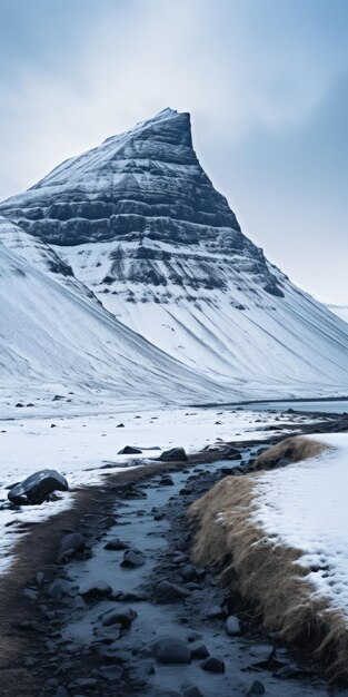 Een boeiend landschap van besneeuwde bergen in een verlaten Scandinavische stijl