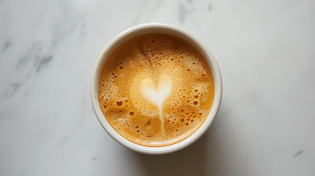 Een boeiend luchtbeeld van een stoomende kop koffie versierd met een zorgvuldig vervaardigde hartvormige werveling van zijdeachtige melkschuim