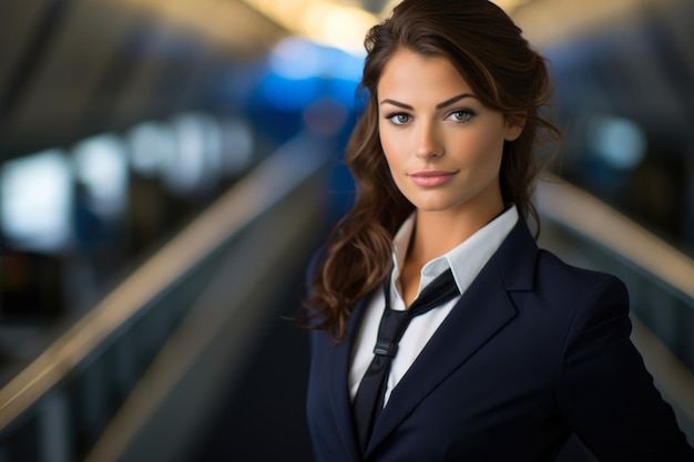Een boeiend portret van een zelfverzekerde en professionele vrouwelijke stewardess.
