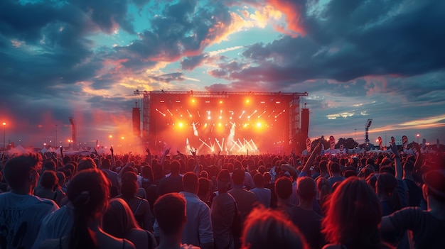 Een boeiend zonsondergangsmuziekfestival met een levendige menigte en dynamische podiumverlichting