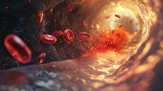 Foto een boeiende 3d-illustratie die een close-up beeld toont van erytrocyten rode bloedcellen die in een bloedvat stromen de warme tonen en dynamische beweging geven een levensechte weergave