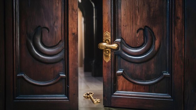 Een boeiende afbeelding van een sierlijke houten deur met ingewikkelde houtsnijwerk en een rijke donkere afwerking