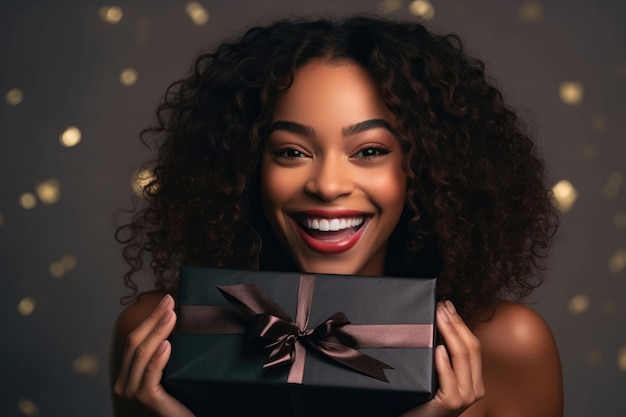 Een boeiende Black Friday-promotie met een boeiende foto van een lachend model met een geschenkdoos in een studio-omgeving Generatieve AI