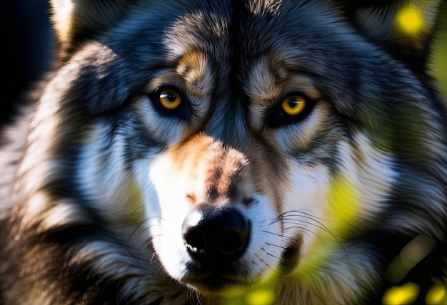Foto een boeiende close-up van een grijze wolf die gele ogen doorboort