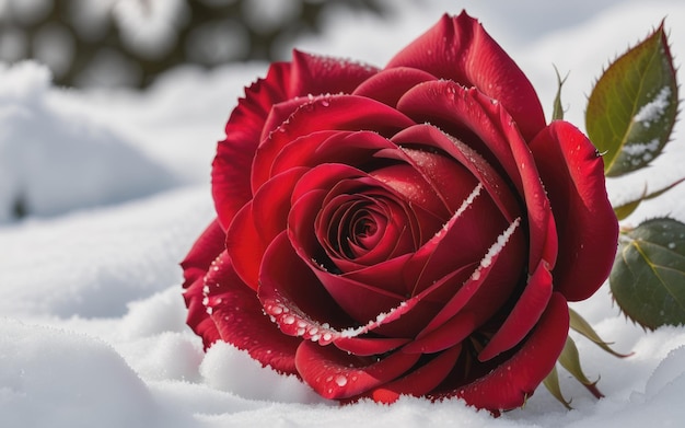 een boeiende close-up van een prachtige rode roos die sierlijk ligt in een bed van pure sneeuw