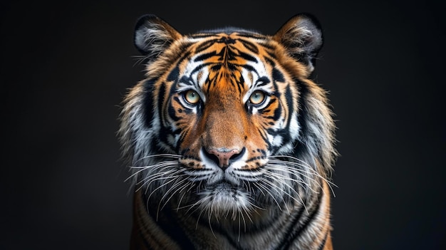 Een boeiende close-up van een tijger ogen gloeien tegen het donker een krachtig gezicht van de natuur39s kunstzinnigheid diep contrast het benadrukken van elke streep een moment bevroren in de tijd AI Generatieve