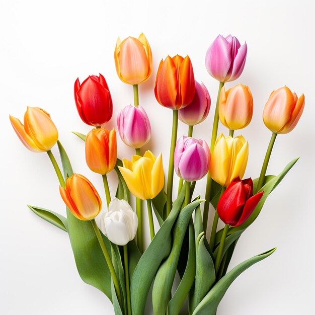 Een boeiende compositie met een mix van kleurrijke tulpen op een schone witte achtergrond