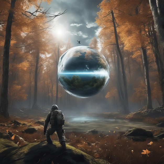 Een boeiende digitale kunstillustratie van een futuristische planeet in een surrealistische ruimtescene die wetenschap vermengt.