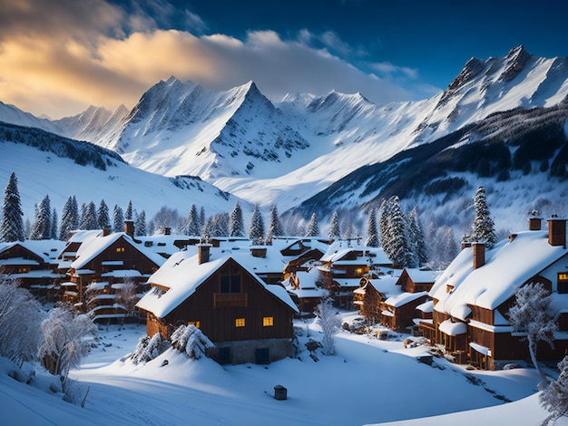 Een boeiende foto van een schilderachtige stad bedekt met sneeuw en charmante kleine huizen