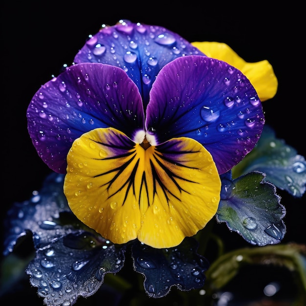 Een boeiende Kaleidoscoop 4K HDR Pansy Bloem bloeien te midden van een levendige paarse en gele Sympho