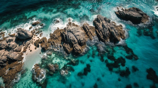 Een boeiende luchtfoto van een grenzeloze oceaan en levendige lucht die de kalmerende essentie van de natuur onthult