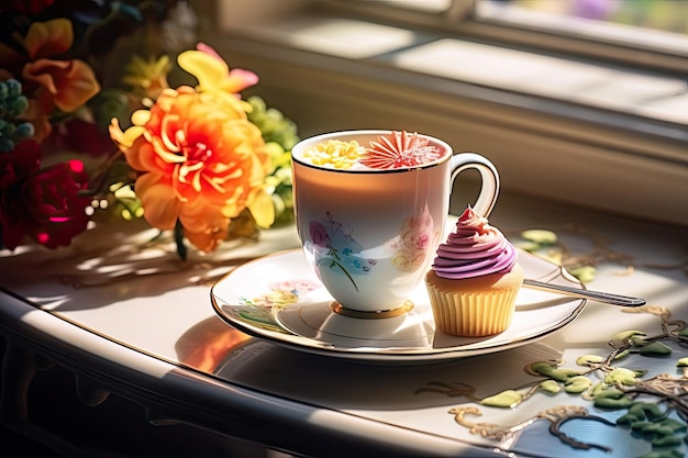 Een boeiende scène in een luxe café op een zonnige wintermorgen met koffie en bloemen