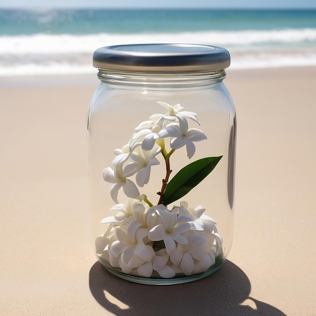 Een boeiende Stephanotis bloemenpot midden op het strand Serenity AI GENERATED