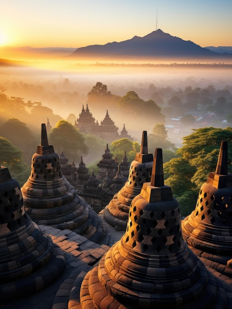 Een boeiende zonsopgang boven de iconische Borobudur-tempel in Indonesië