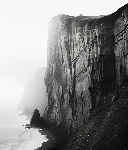 Een boeiende zwart-wit landschapsfoto met majestueuze kliffen gehuld in etherische mist die een tijdloze en mysterieuze sfeer creëert Monochrome allure Generatieve AI