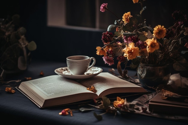 Een boek en een kop koffie op een tafel met een boek en bloemen.