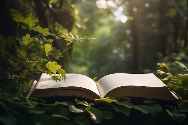 Een boek ligt open op een pagina waarop staat 'het boek ligt open bij een boom'