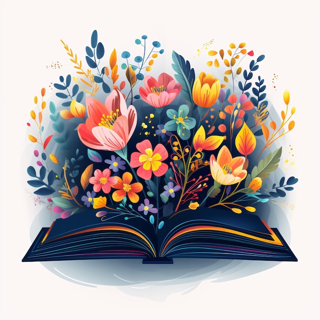 een boek met bloemen die eruit komen
