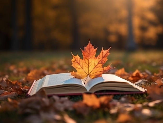 Een boek met een blad erop op een veld van bladeren