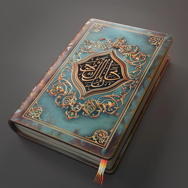 een boek met een blauwe omslag met Arabische kalligrafie erop