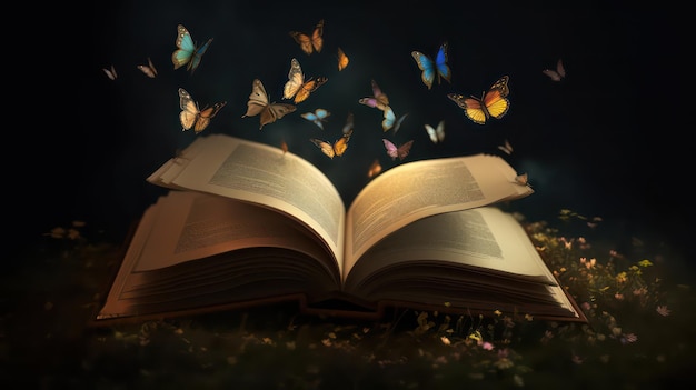 Een boek met een boek open en vlinders die eromheen vliegen