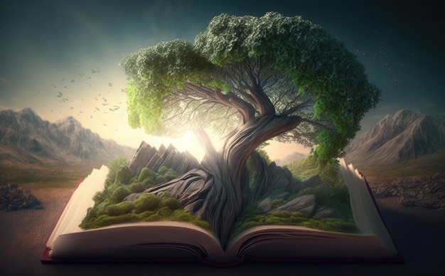 Een boek met een boom erop die openstaat voor een pad van licht en de woordwolk erop.