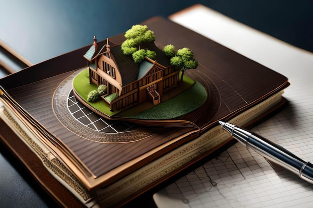 Een boek met een pen en een huis erop