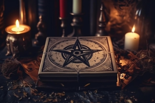 Een boek met een pentagram erop omgeven door generatieve kaarsen ai