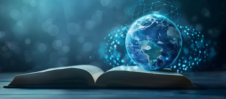 een boek met een wereldkaart op het scherm en een wereldkaart aan de linkerkant