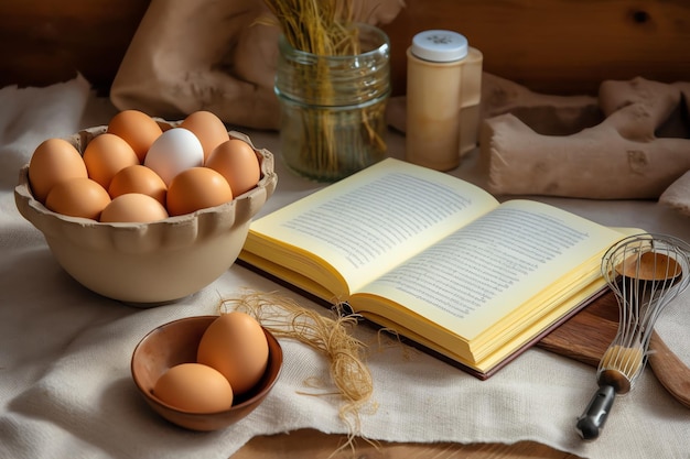 Een boek met eieren op een tafel naast een schaal met eieren.