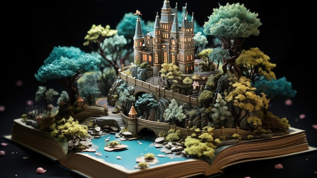 een boek met illustraties van een eilandtafereel en een kasteel Generative Ai