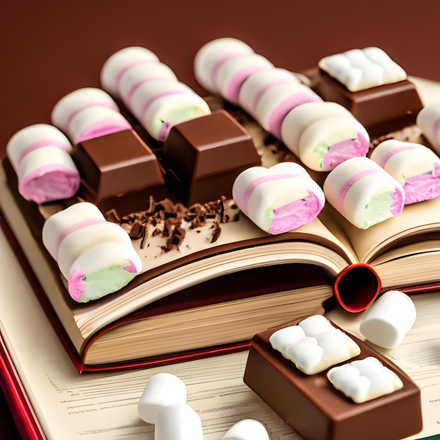 Foto een boek met pagina's van chocolade en een omslag van