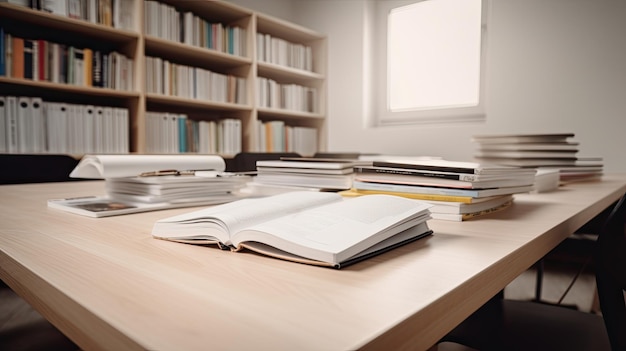 Een boek op een bureau met boekenplanken en een boekenkast