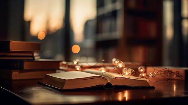 Een boek op een tafel met een verlicht boek erop