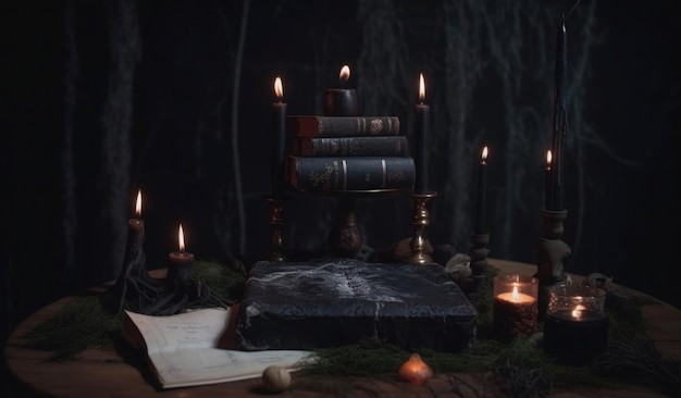 Een boek op een tafel met kaarsen en een boek erop