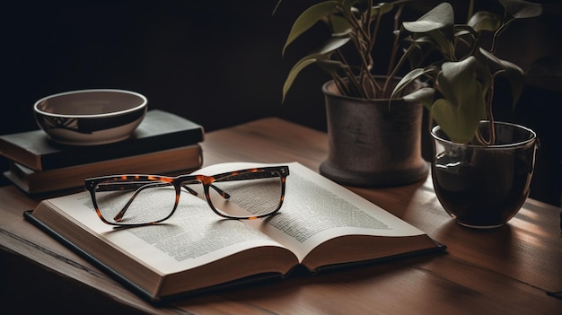 Een boek op tafel met een kop koffie en een boek erop