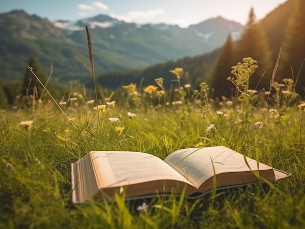 Een boek over een weiland met bergen op de achtergrond