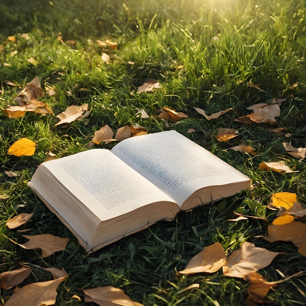 Een boek staat open op het gras.