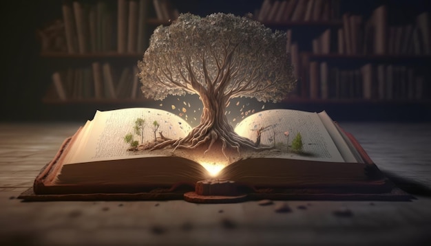 Een boek waar een boom uit groeit