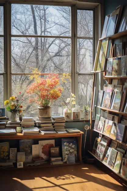 Een boekenkast met boeken en bloemen erop