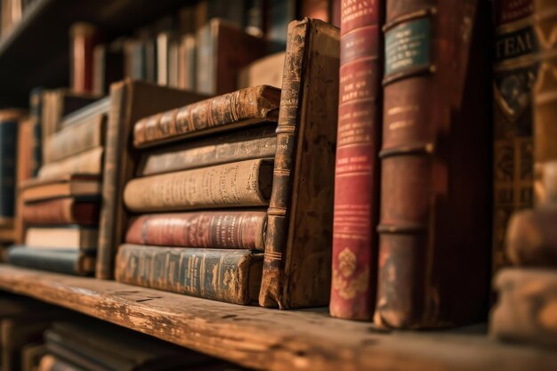 Een boekenplank gevuld met oude antieke boeken gegenereerd door AI.