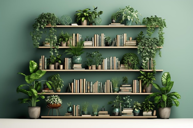 Een boekenplank in eigentijdse stijl versierd met planten die dient