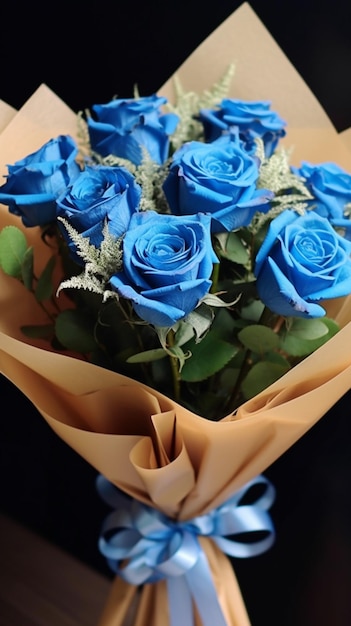 een boeket blauwe rozen met een bruine servet